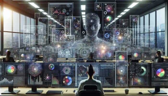 A digital analyst analysing graphs, keywords, and social media trends on multiple screens in a modern office.