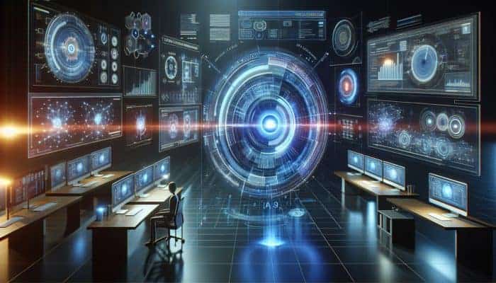 A futuristic AI search assistant interface with holographic data streams and user queries turning into insights.