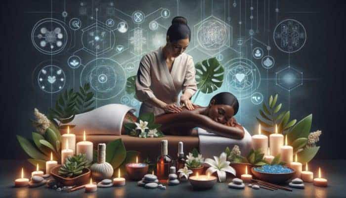 Massage Therapy Yeovil: A serene spa setting with a therapist applying massage techniques on a client, surrounded by calming elements.