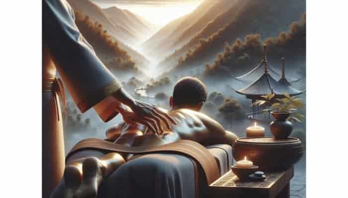 A person receiving a massage in a serene spa, illustrating relief from arthritis and back pain, enhanced circulation, and overall health benefits.