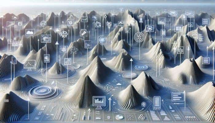 A digital landscape with gaps representing content opportunities, surrounded by various content formats and strategic enhancement arrows.