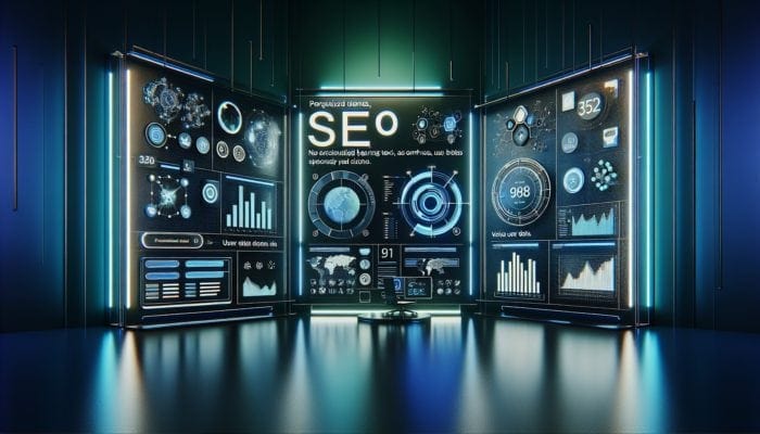 A futuristic SEO dashboard displaying personalised search results, vibrant graphs, and neon blue and green accents.