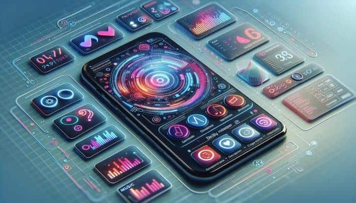 A futuristic smartphone interface with customizable Siri shortcuts for music and reminders, improving user interaction.