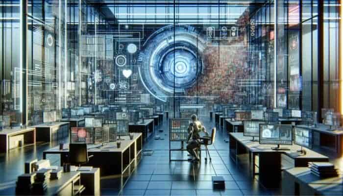 AI in futuristic lab analyzing SERP data, showing biases in graphs and struggling with human emotions and cultural contexts.