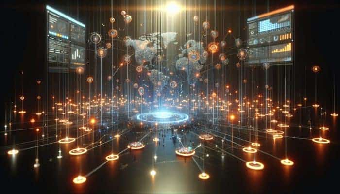 A futuristic digital network with glowing nodes and data streams, showing content distribution across platforms.