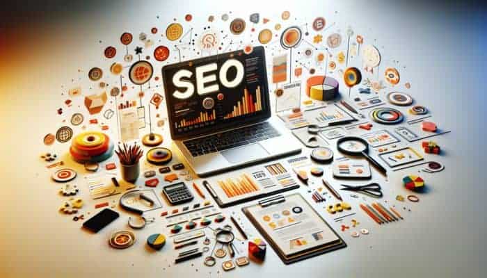 A laptop showing SEO analytics, surrounded by notes and guides on brand-driven long-tail queries, emphasizing keyword-rich content and a conversational tone.