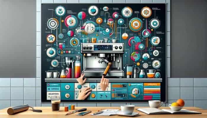 Infographic guide on cleaning Breville espresso machine, steps, mistakes, and maintenance tips in modern kitchen.