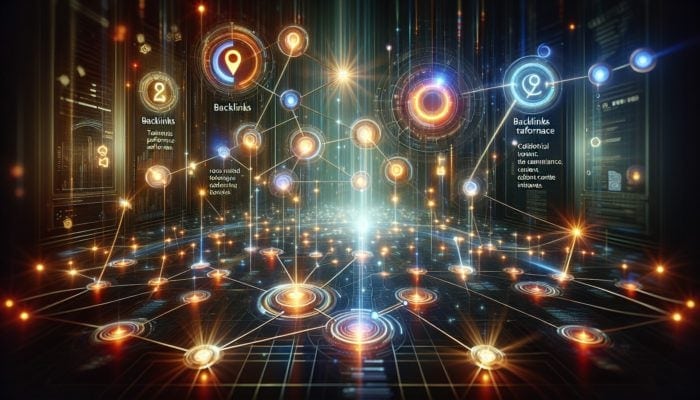 A digital dashboard showing metrics like backlinks, traffic sources, and SEO performance with graphs and charts.