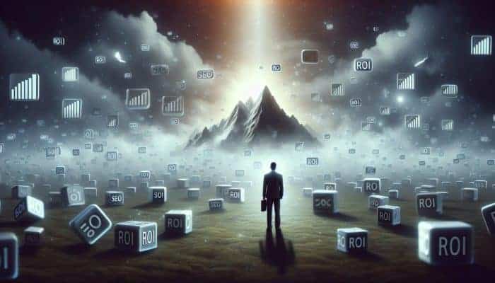 A businessman surrounded by scattered, glowing charts, looking at a foggy mountain labeled "ROI."