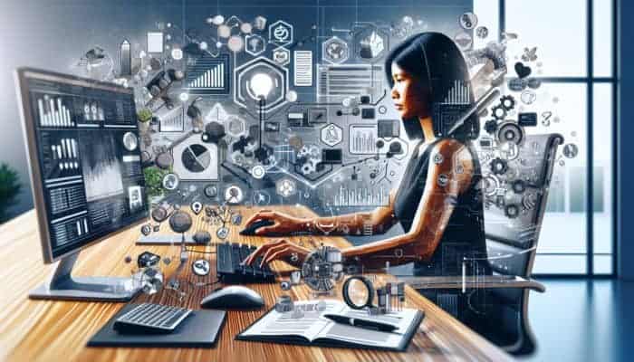 A digital marketing expert optimizing local search ad extensions on a computer, with charts and graphs in a modern office.