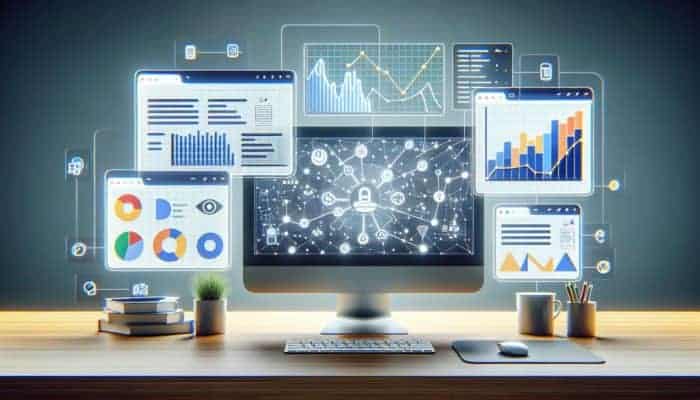 A computer screen showing Google Ads Editor, SEMrush, Google Analytics, and Ahrefs with performance charts and graphs.
