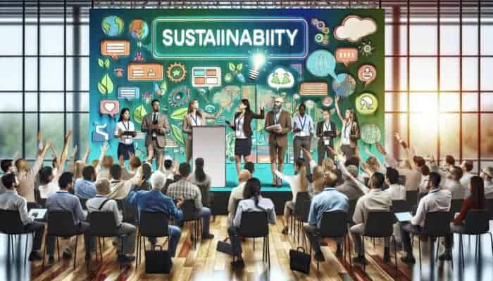 A vibrant community event with diverse attendees at a sustainability workshop, fostering engagement and thought leadership.