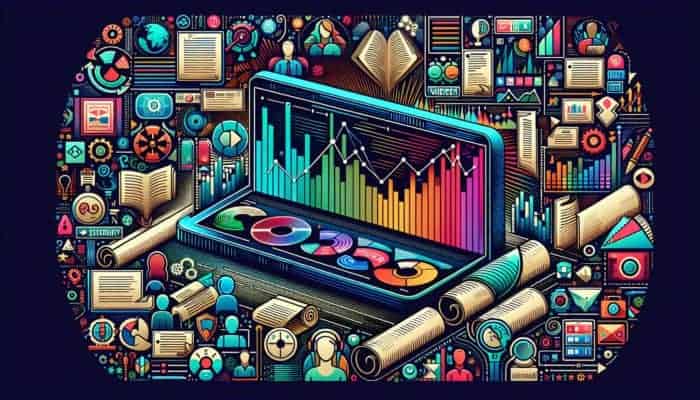 A digital screen with a graph showing increased bounce rates, surrounded by expert icons and various content types.