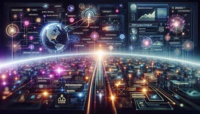 AI optimising e-commerce, news, and educational content with glowing data streams and enhanced interfaces.