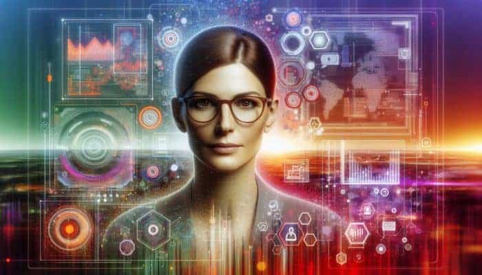 A digital landscape with charts and graphs, Ann Handley emphasizing accuracy and trust in content creation.