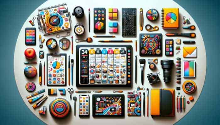 A vibrant desk with a seasonal content calendar, creative tools, and digital devices, showcasing proactive planning.