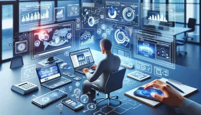 A person analyzing website performance data on a laptop and smartphone, surrounded by graphs and SEO tools in a modern office.