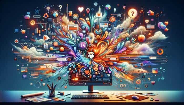 A digital workspace showing a Reddit post with an engaging title, visuals, and lively comments.