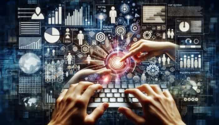 Digital interface showing user feedback data, keyboard, and icons for surveys and social media, symbolising improvement.