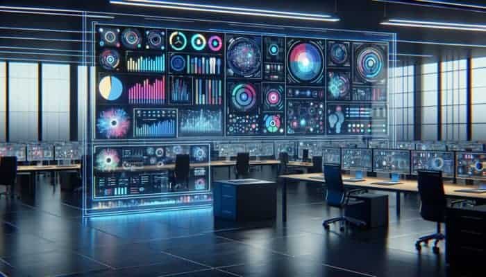 A futuristic dashboard in a modern office, showing automated content updates with graphs of efficiency and human monitoring.