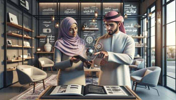 Small business owner demonstrating AR on smartphone to customer in modern store, enhancing digital shopping.