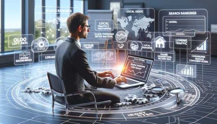 Roofing professional analyzing local SEO metrics on laptop in modern office with graphs.