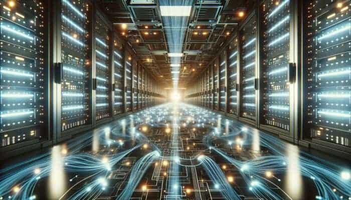 A futuristic server room with glowing caches boosting data speed through light streams.