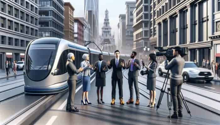 A bustling city street with a new public transport system; experts analyze and discuss, enhancing news with insights.