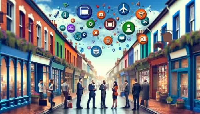 A vibrant street in Crewkerne with shops using internet marketing, experts consulting owners, digital icons overhead.