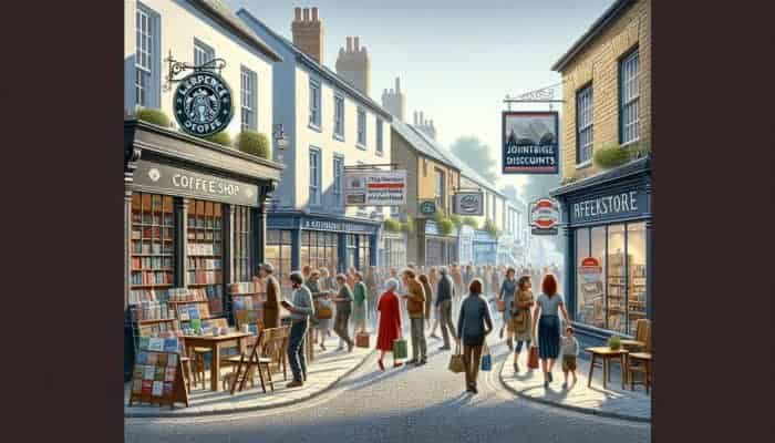 A busy street in Crewkerne showing a coffee shop and bookstore with joint promotion signs, locals interacting.