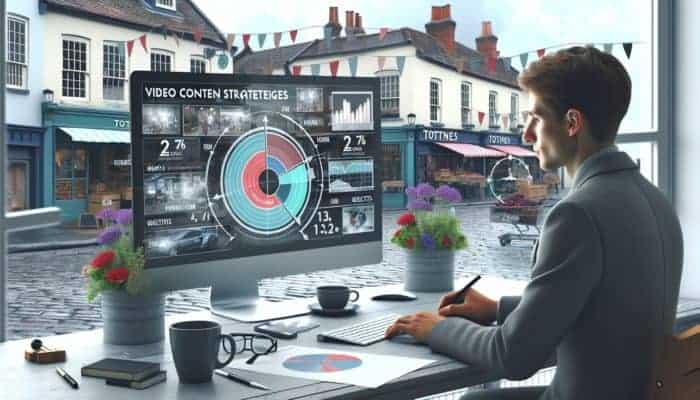 A small business owner in Totnes planning video content strategy with local market elements and goal-setting visuals.