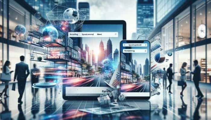 E-commerce website on smartphone and laptop, intuitive navigation, fast loading, mobile responsive, Bampton business setting with shoppers.