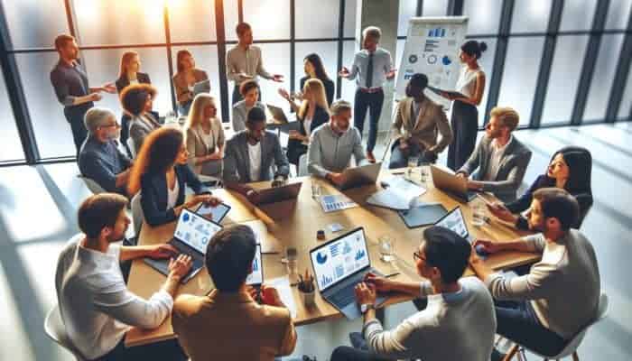 Bampton business owners at an e-commerce workshop, collaborating with tech experts using laptops.