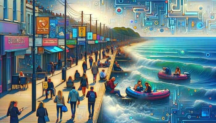 Burnham-on-Sea coastal town with businesses, vibrant keyword signs, people using digital devices.