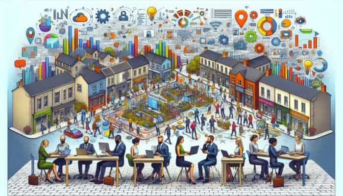 A digital marketing hub in Royal Wootton Bassett with small businesses using technology, surrounded by strategy charts and success graphs.