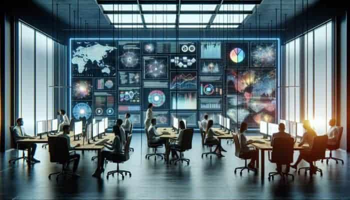 A team in a modern Warminster office analyzing SEO data on screens, focusing on local keywords and website optimization.