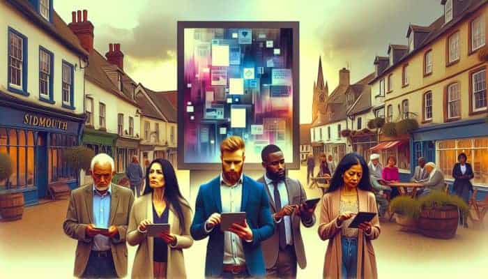 A digital billboard in Sidmouth's town square displaying e-commerce marketing strategies, surrounded by engaged small business owners.