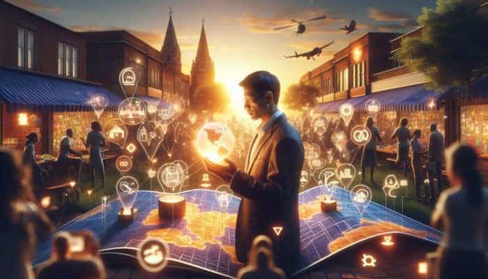 A small business owner in Taunton examining a glowing map with SEO data at a vibrant market sunrise.