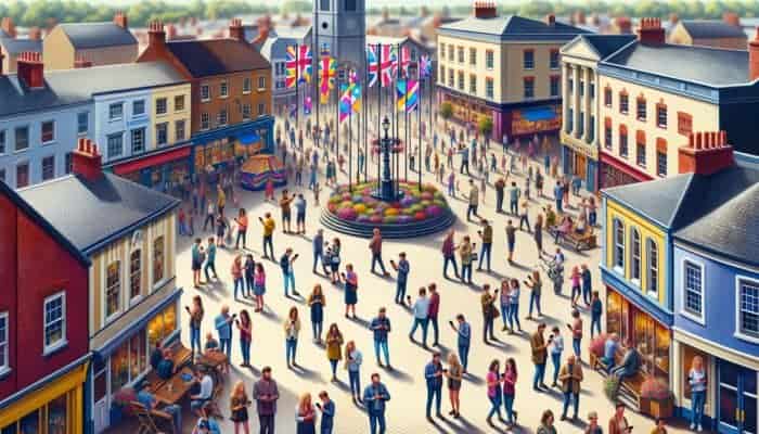 A vibrant Taunton town square where community members engage with local SEO content on smartphones.