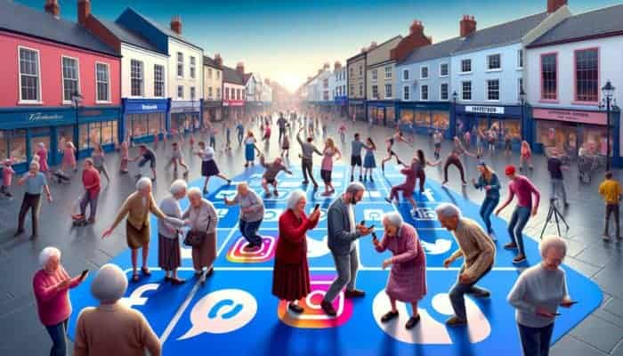 Bideford town square with diverse ages using social media: older on Facebook, young adults on Instagram, teens on TikTok.