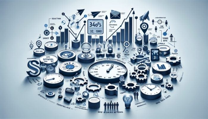 A digital dashboard showing various content performance metrics including website traffic, social media engagement, and conversion rates.