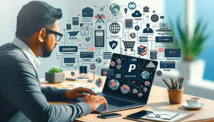 A small business owner setting up e-commerce on a laptop with Shopify, WooCommerce, Magento, PayPal, and Stripe logos.