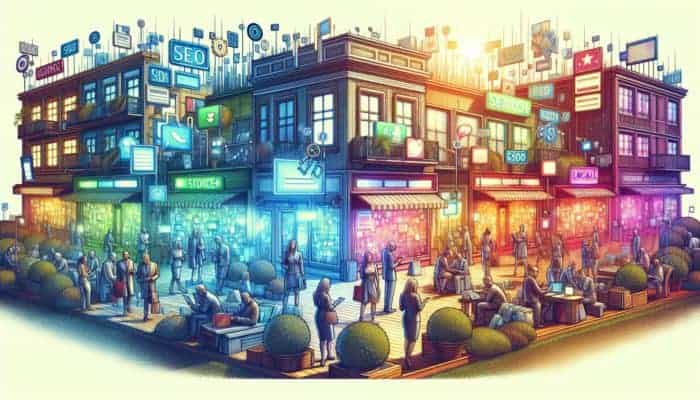 A vibrant e-commerce scene in Plymouth with SEO keywords on digital screens and customers using search engines.