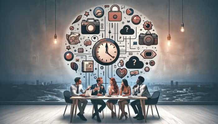 A small business team strategizing with a content calendar, repurposing content, and collaborating with freelancers under a clock.