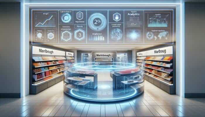 A vibrant Marlborough store with diverse products and a floating digital platform showing analytics.