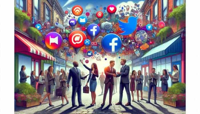 Keynsham high street bustling with small business owners receiving social media strategy guidance, surrounded by vibrant icons.