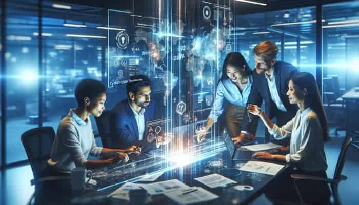 A diverse team collaborating on cybersecurity frameworks in an office, with media reports on cyber threats visible.