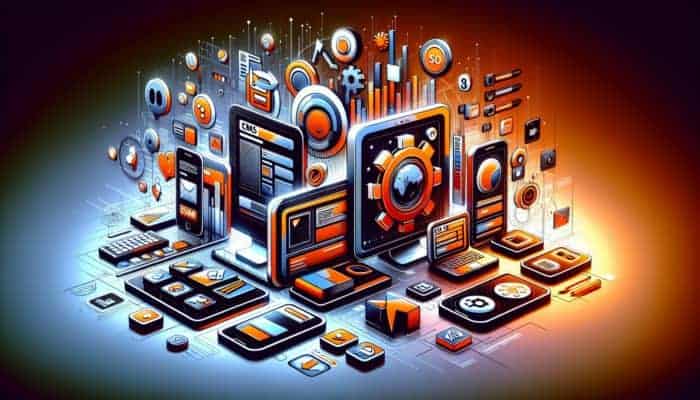 Modern website interface with icons for CMS, responsive design, and SEO, adapting across various devices.