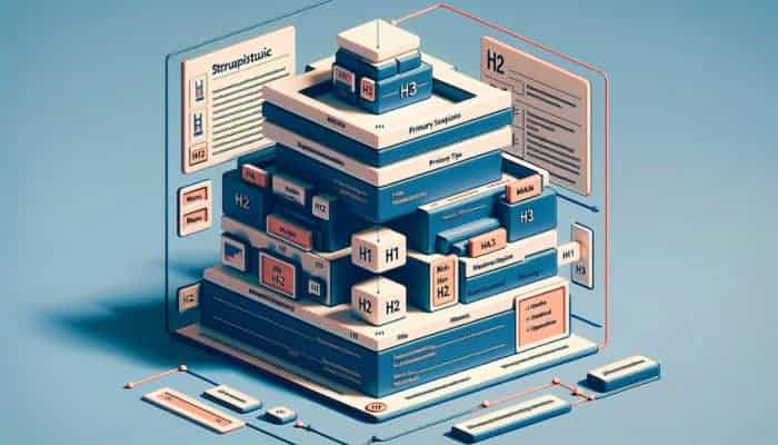 A webpage with H1, H2, H3 headings, schema markup, bullet points, and a key takeaway section.