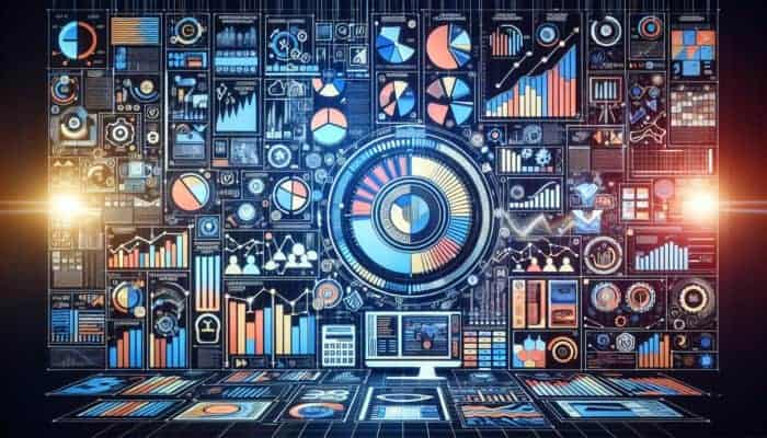 Digital dashboard showing performance marketing metrics like CPM, ROI, and conversion rates with online platforms and data streams.